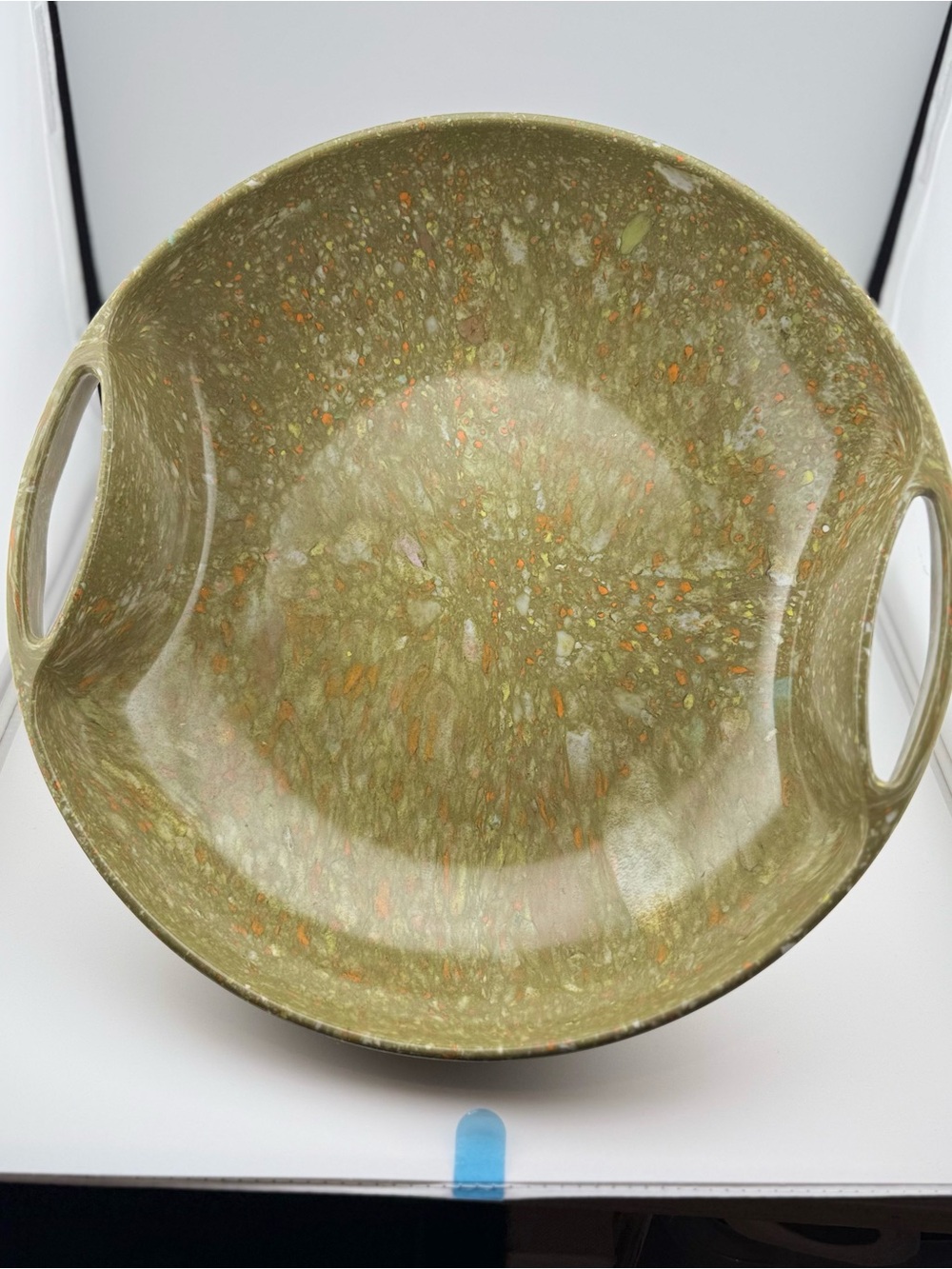 Vintage Aztec Ware Melmac Confetti Serving Bowl Olive Green Handled Spatter